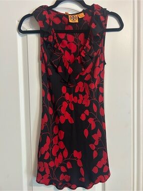Tory Burch Black Sleeveless Shirt with Red Leaf Print